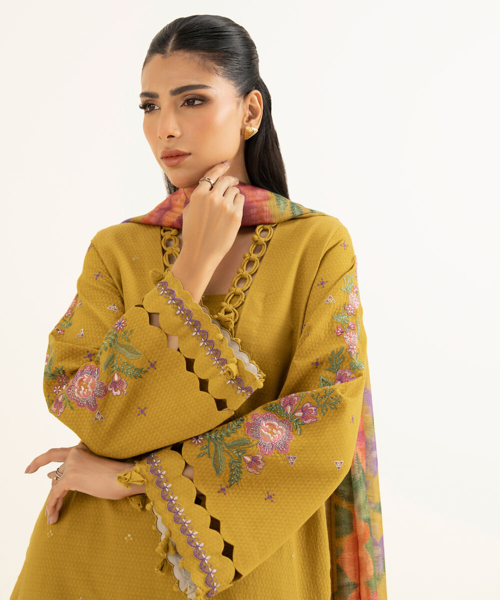 Women's Unstitched Dobby Embroidered Yellow 3 Piece Suit