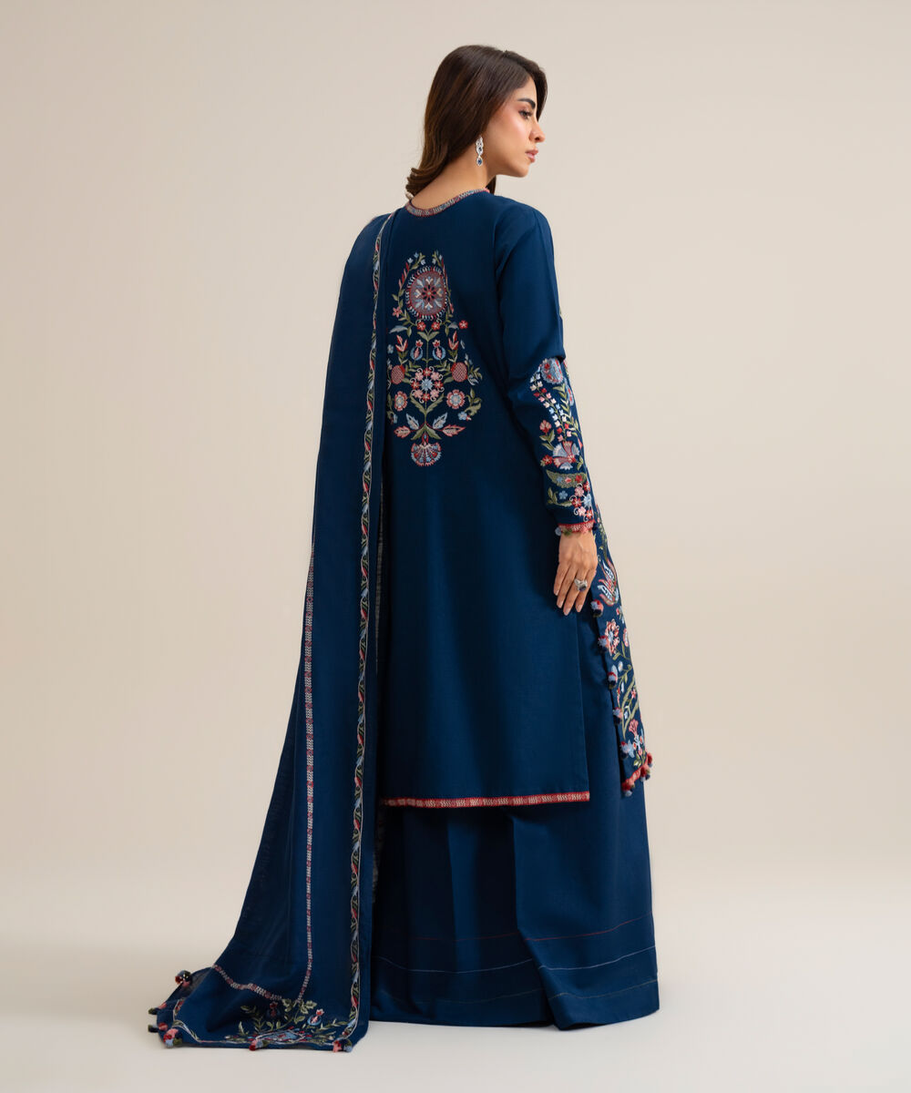 Womens Unstitched Basic Khaddar Embroidered Dark Blue 3 Piece Suit