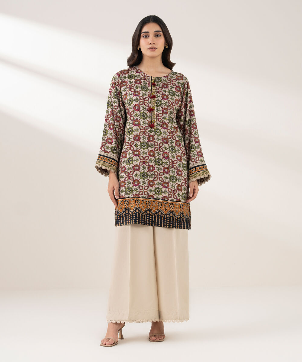 Women's RTW Viscose Linen Printed Straight Beige Shirt