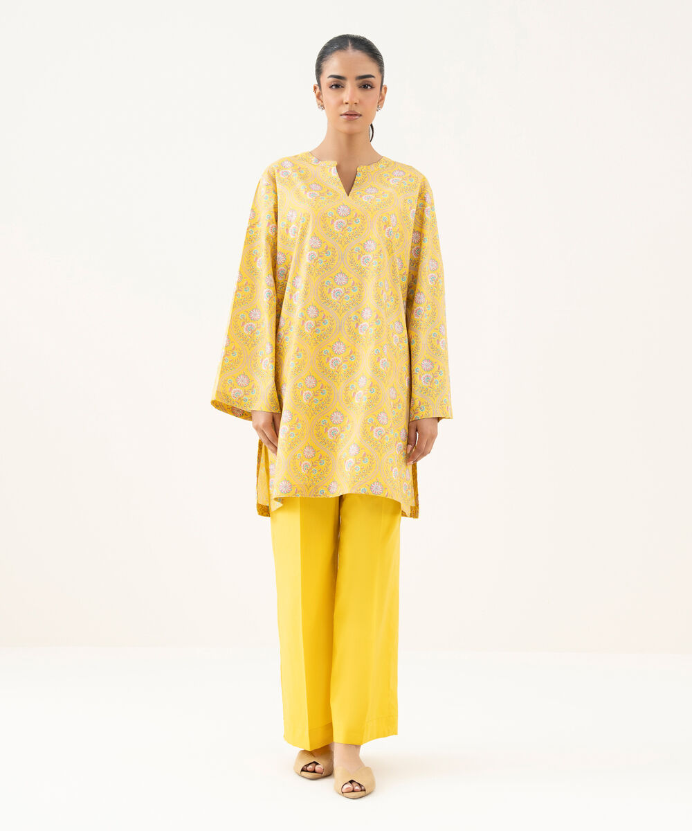 Women's RTW Cambric Printed Yellow Drop Shoulder Shirt