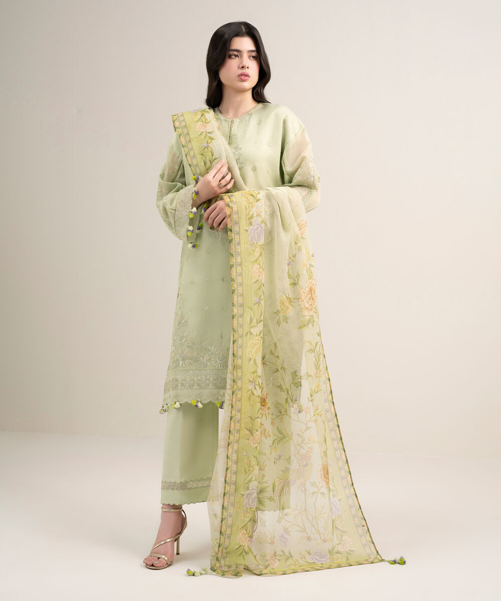 Women's Unstitched Blended Viscose Khaddi Net Embroidered Green 3 Piece Suit