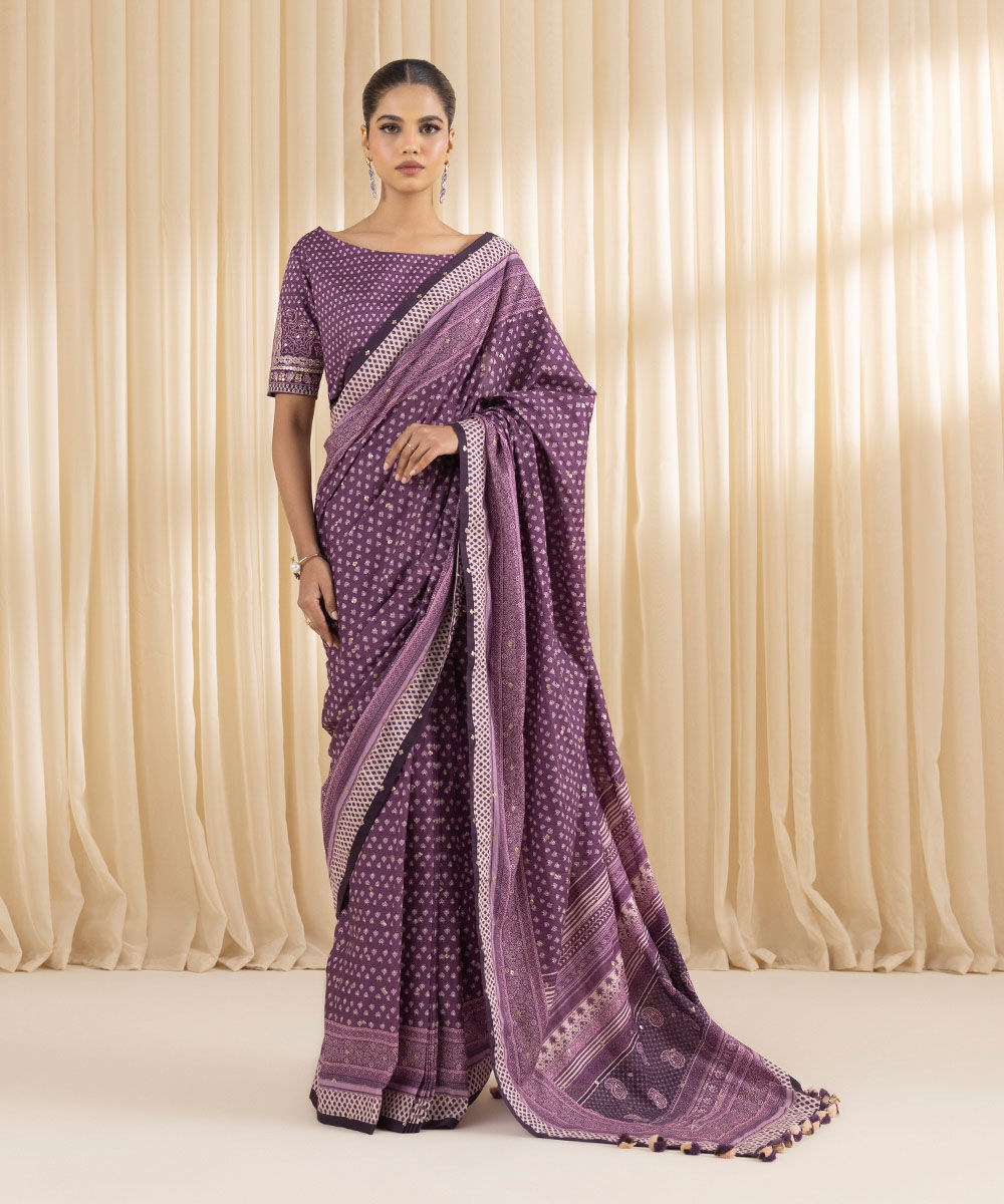 Women's Embroidered Dobby Purple Saree