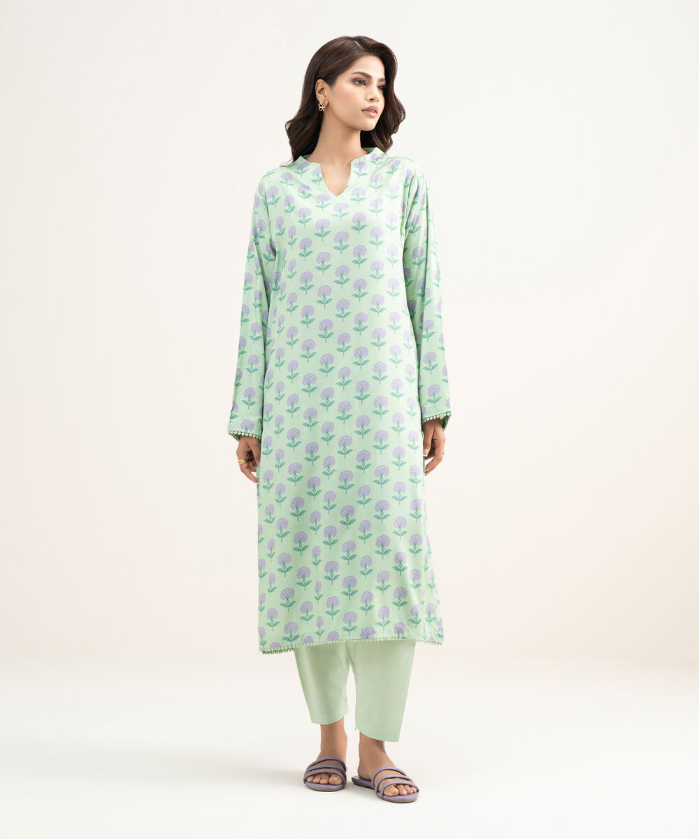 Women's RTW Arabic Lawn Printed Green Straight Shirt