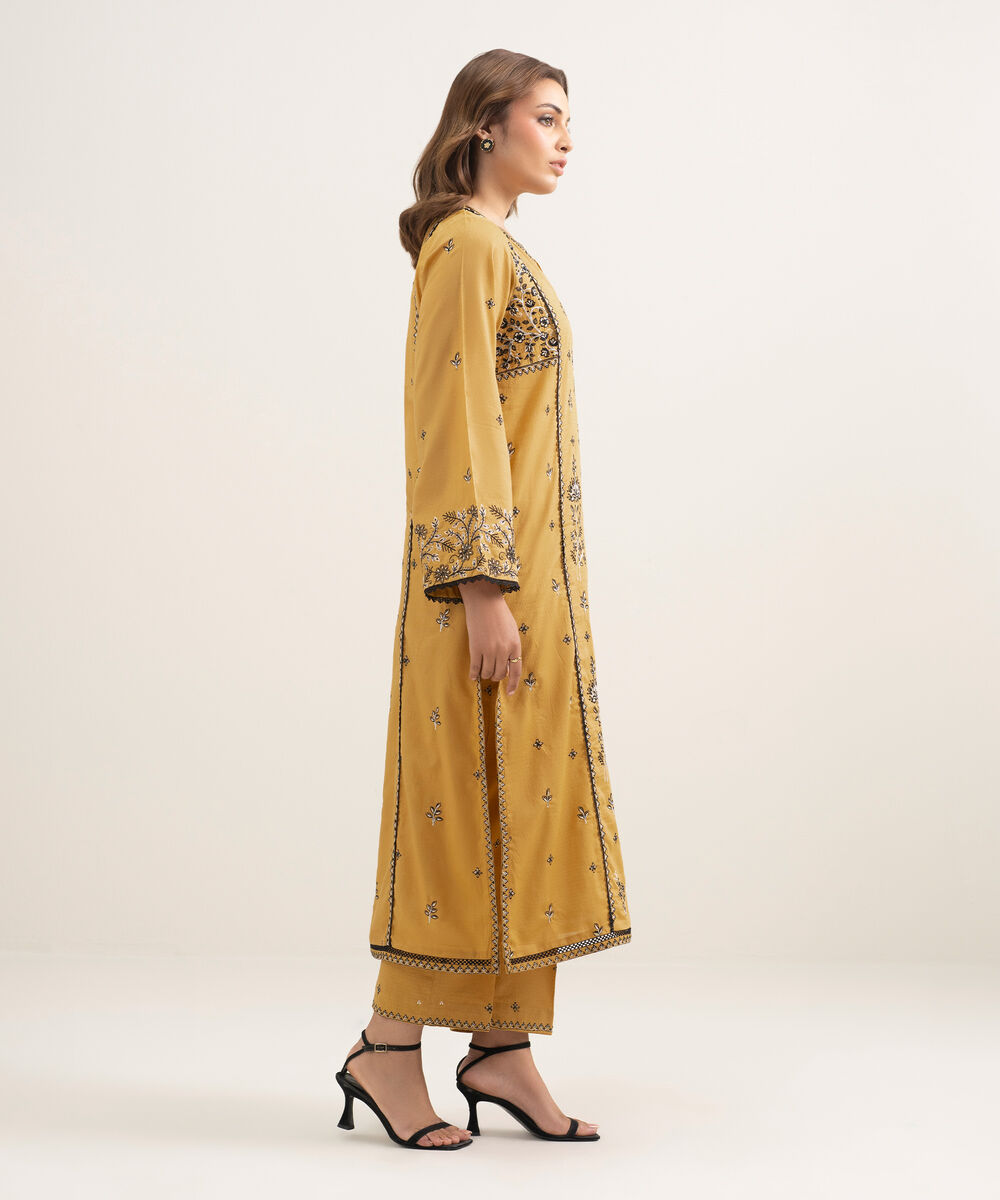 Women's RTW Dobby Embroidered Yellow A-Line Shirt