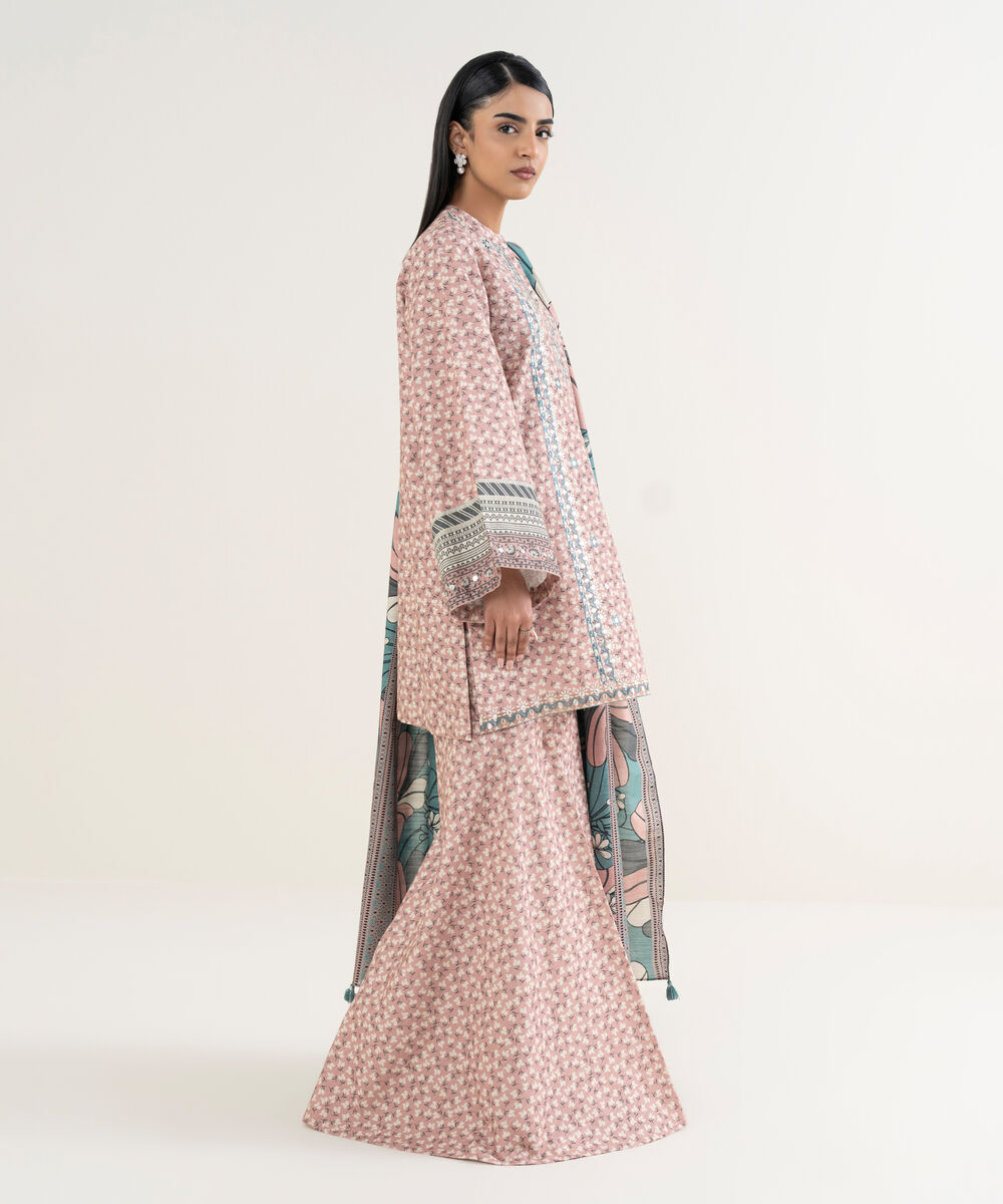 Women's Unstitched Embroidered Khaddar Tea Pink 3 Piece Suit