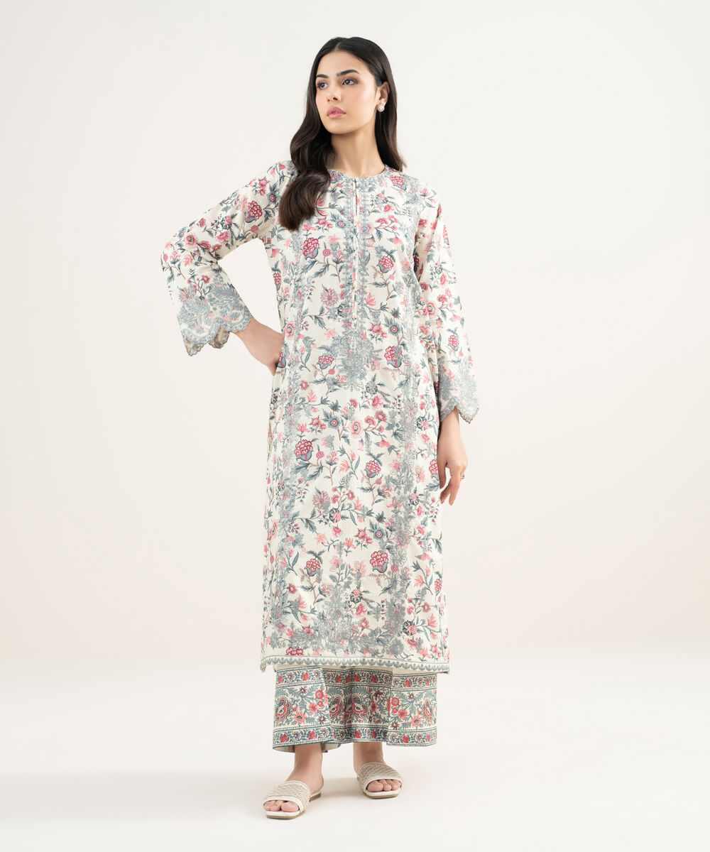 Women's RTW Slub Lawn Embroidered Off White A-Line Shirt