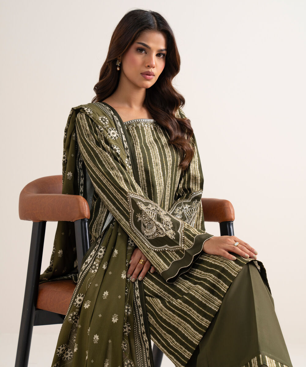 Women's Unstitched Printed Linen Olive Green 3 Piece Suit