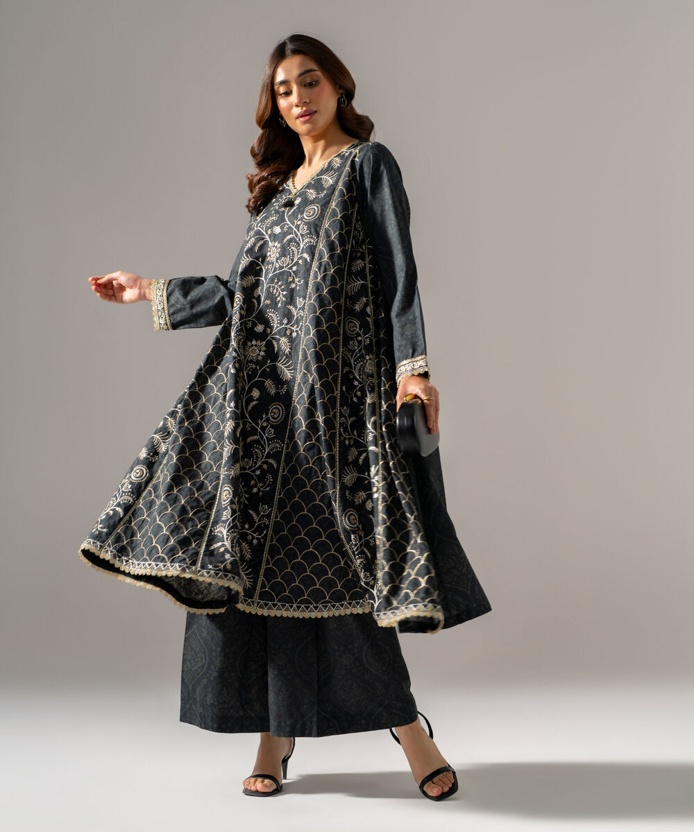 Women's RTW Cambric Printed Embroidered Black 2 Piece Suit
