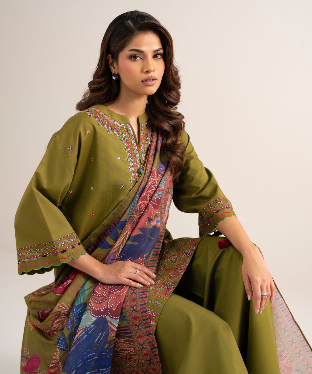 Women's Unstitched Fine Cotton Satin Embroidered Green