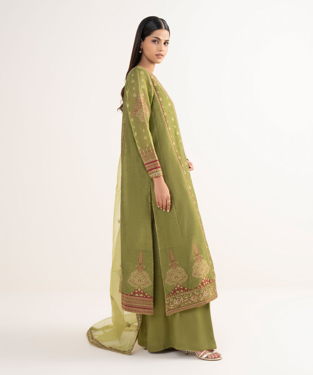 Women's RTW Zari Jacquard Green Embroidered 3 Piece Suit