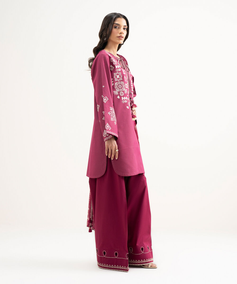 Women's Unstitched Zari Lawn Embroidered Pink 3 Piece Suit