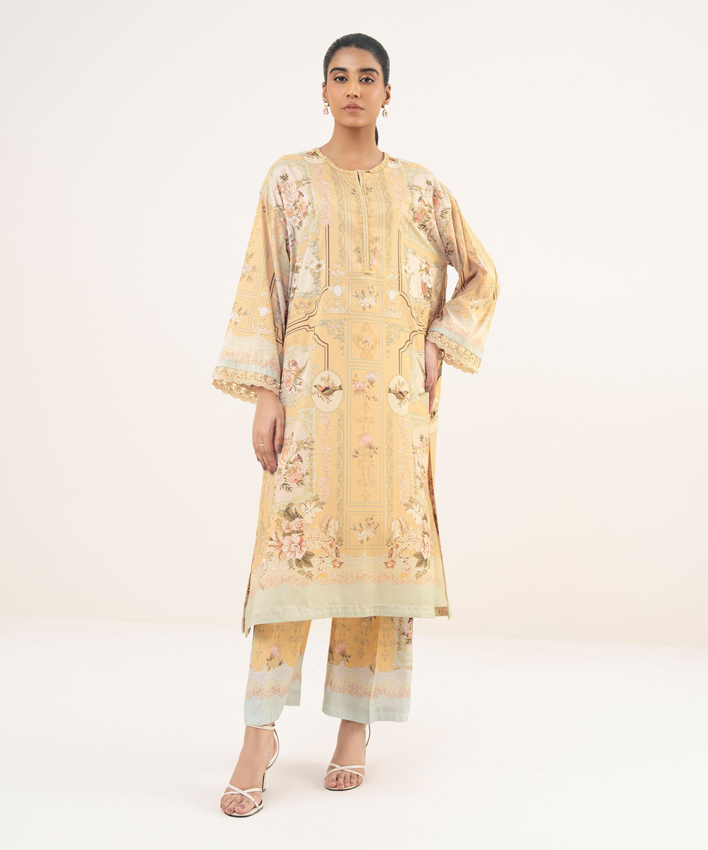 Women's RTW Blended Grip Beige Printed A-Line 2 Piece Suit