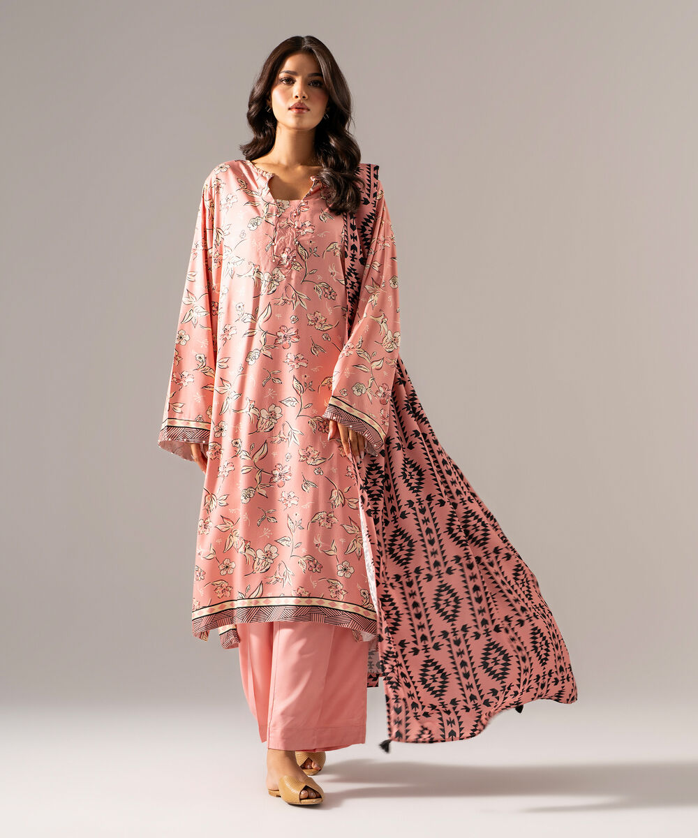 Women's RTW Viscose Linen Printed Pink Dupatta