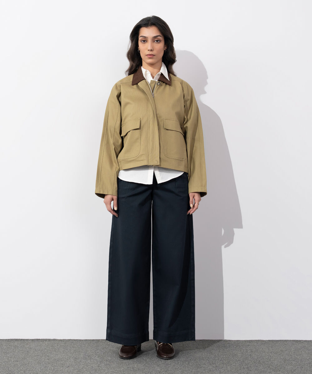 Women's Western Wear Khaki Corduroy Collar Twill Jacket