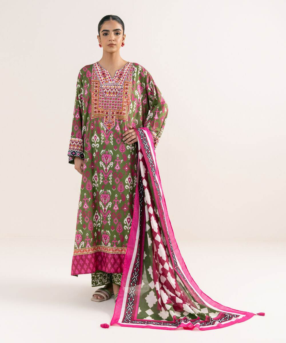 Women's RTW Lawn Green Embroidered 3 Piece Suit