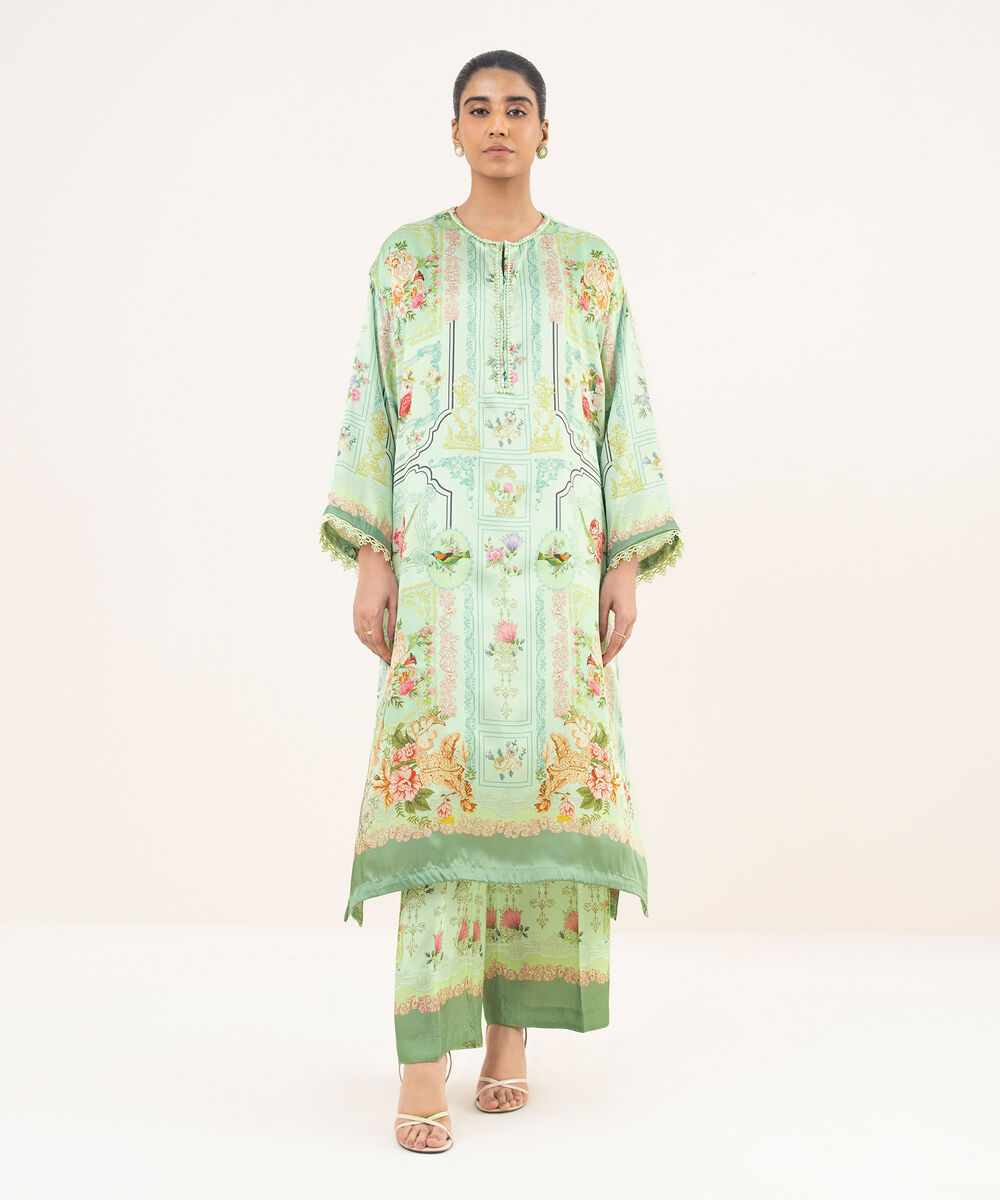 Women's RTW Blended Satin Green Printed A-Line 2 Piece Suit