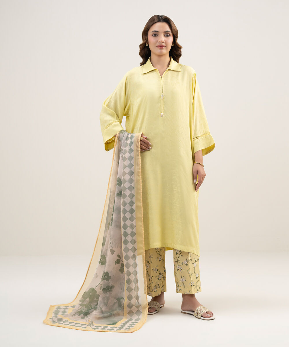 Women's RTW Arabic Self Jacquard Solid Lime Yellow Straight Shirt