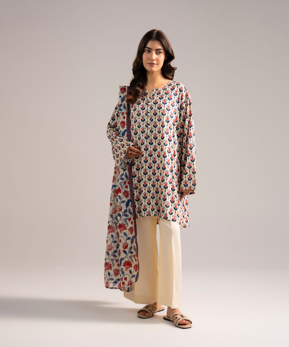 Women's RTW Arabic Lawn Printed Off White 3 Piece Suit
