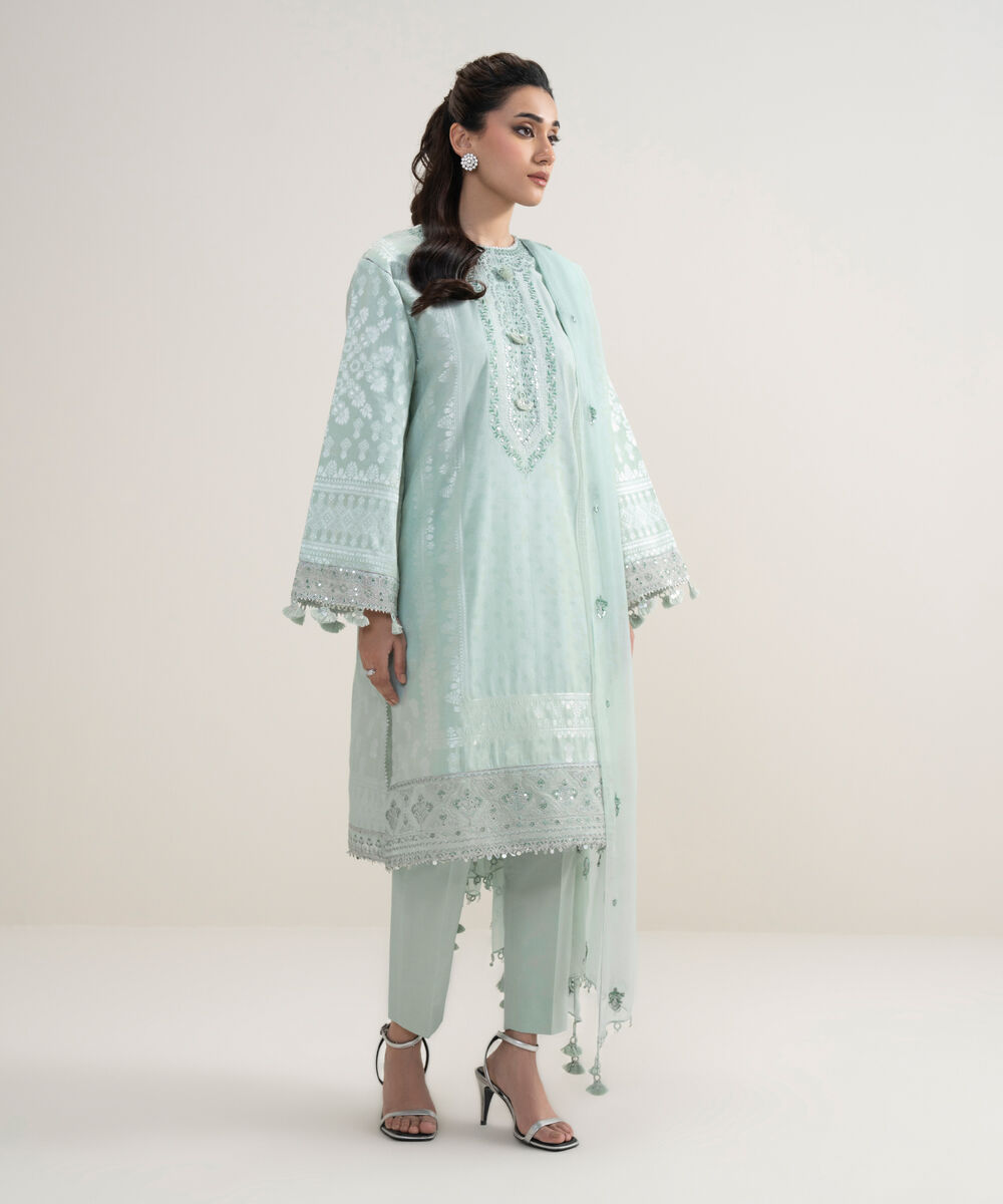 Women's Unstitched Extra Weft Jacquard Embroidered Blue 3 Piece Suit