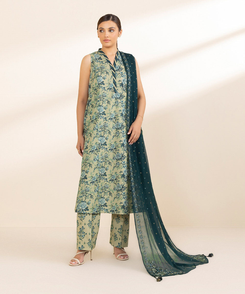 Woman - Green 3 Piece - Embroidered Cotton Suit