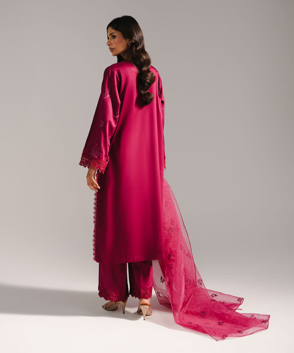 Women's RTW Cotton Satin Embroidered Plum 3 Piece Suit