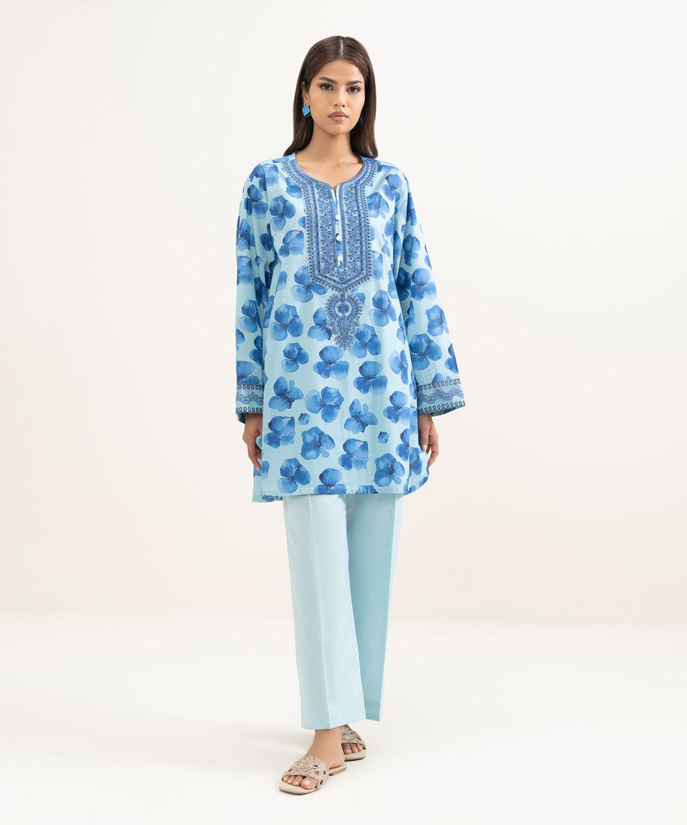 Women's RTW Cambric Embroidered Blue Straight Shirt