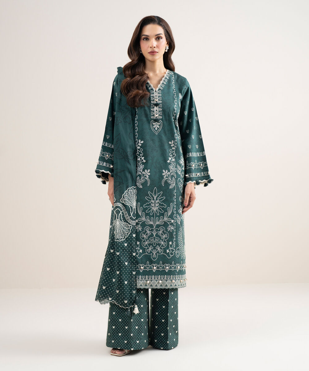 Women's Unstitched Lawn Embroidered Green 3 Piece Suit