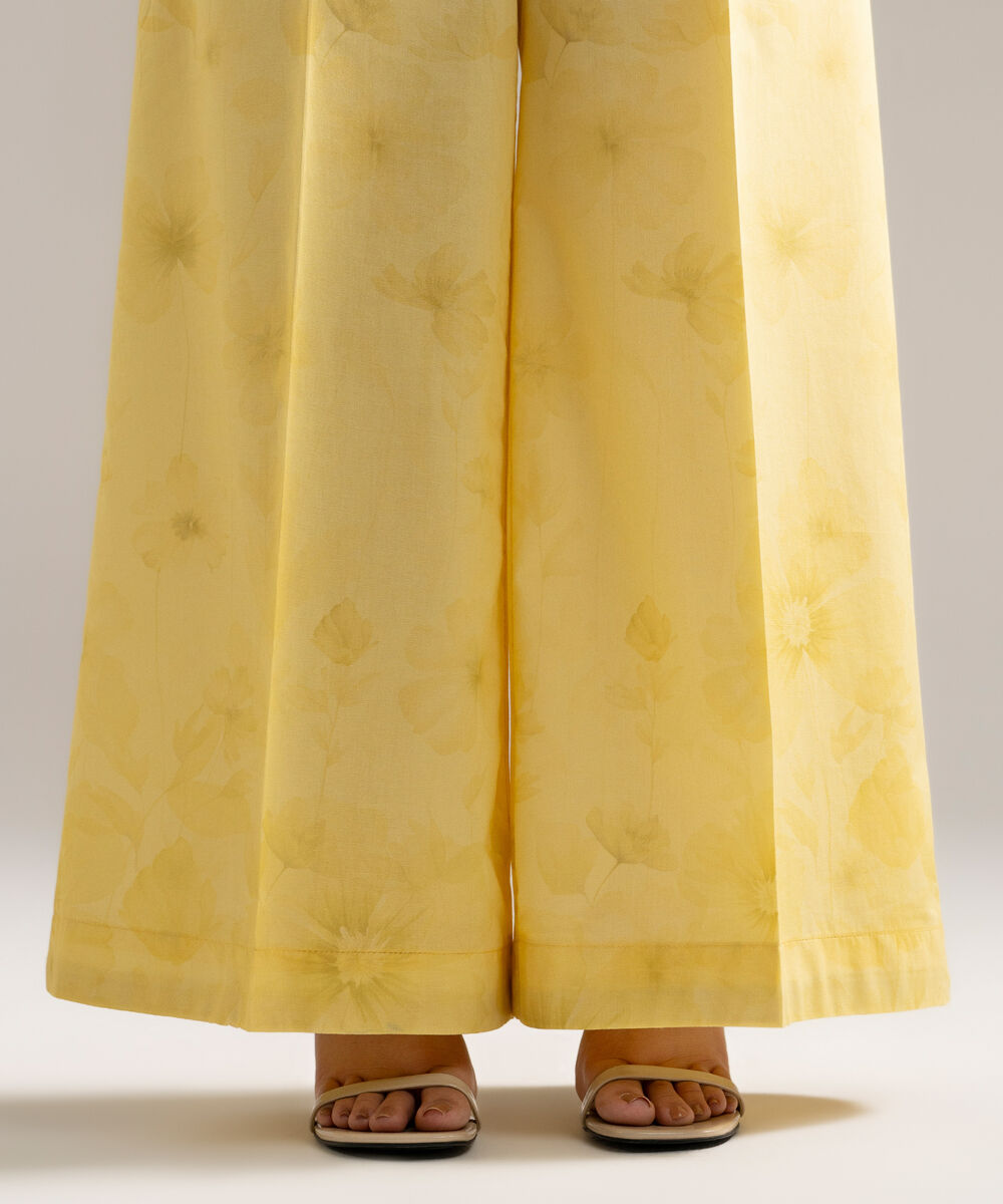 Women's RTW Cambric Printed Pale Yellow Flared Pants