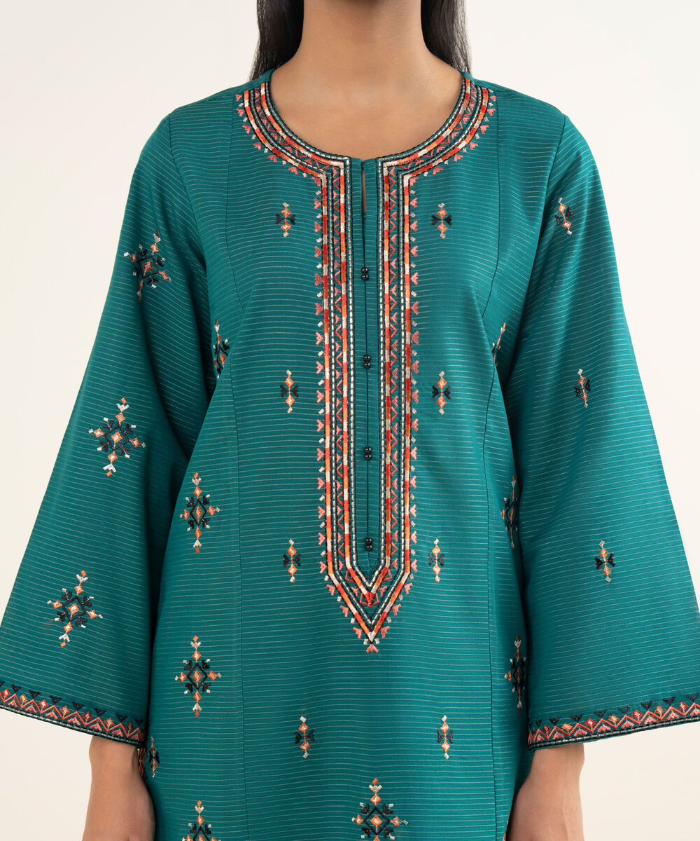 Women's RTW Fancy Textured Slub Embroidered Teal Straight Shirt