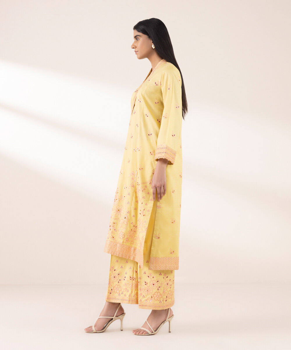 Women's RTW Dobby Yellow Embroidered A-Line Shirt