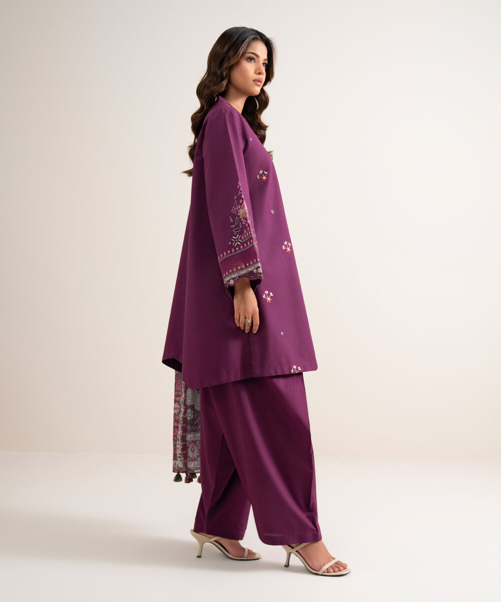 Women's Unstitched Embroidered Cotton Purple 3 Piece Suit