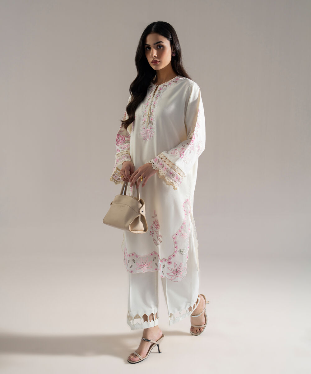 Women's RTW Dobby Solid Embroidered Off White Straight Shirt