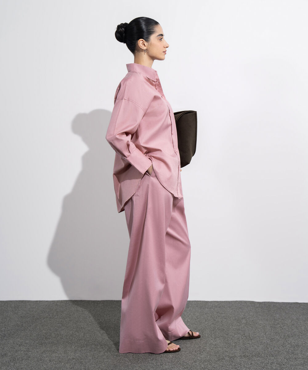 Women's Western Wear Pink Loose Fit Linen Blend Shirt