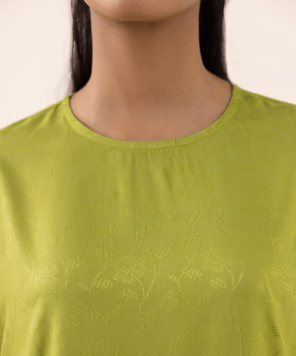 Women's RTW  Arabic Self Jacquard Leno  Green Dyed Drop Shoulder Shirt