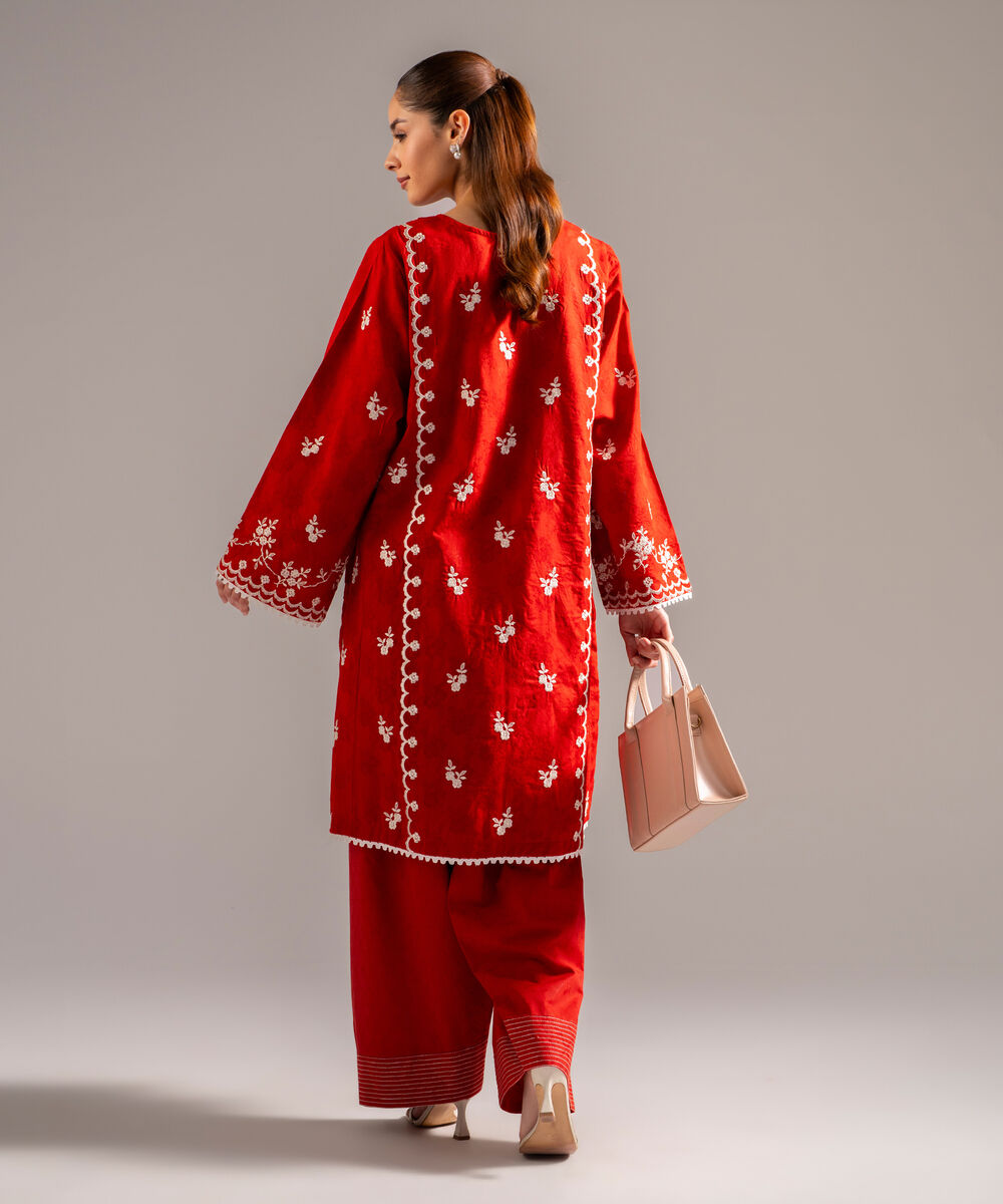 Women's RTW Self Jacquard Embroidered Rust 2 Piece Suit