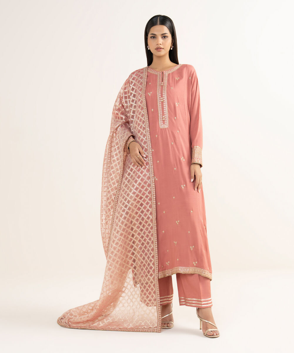 Women's RTW Viscose Raw Silk Pink Embroidered 3 Piece Suit