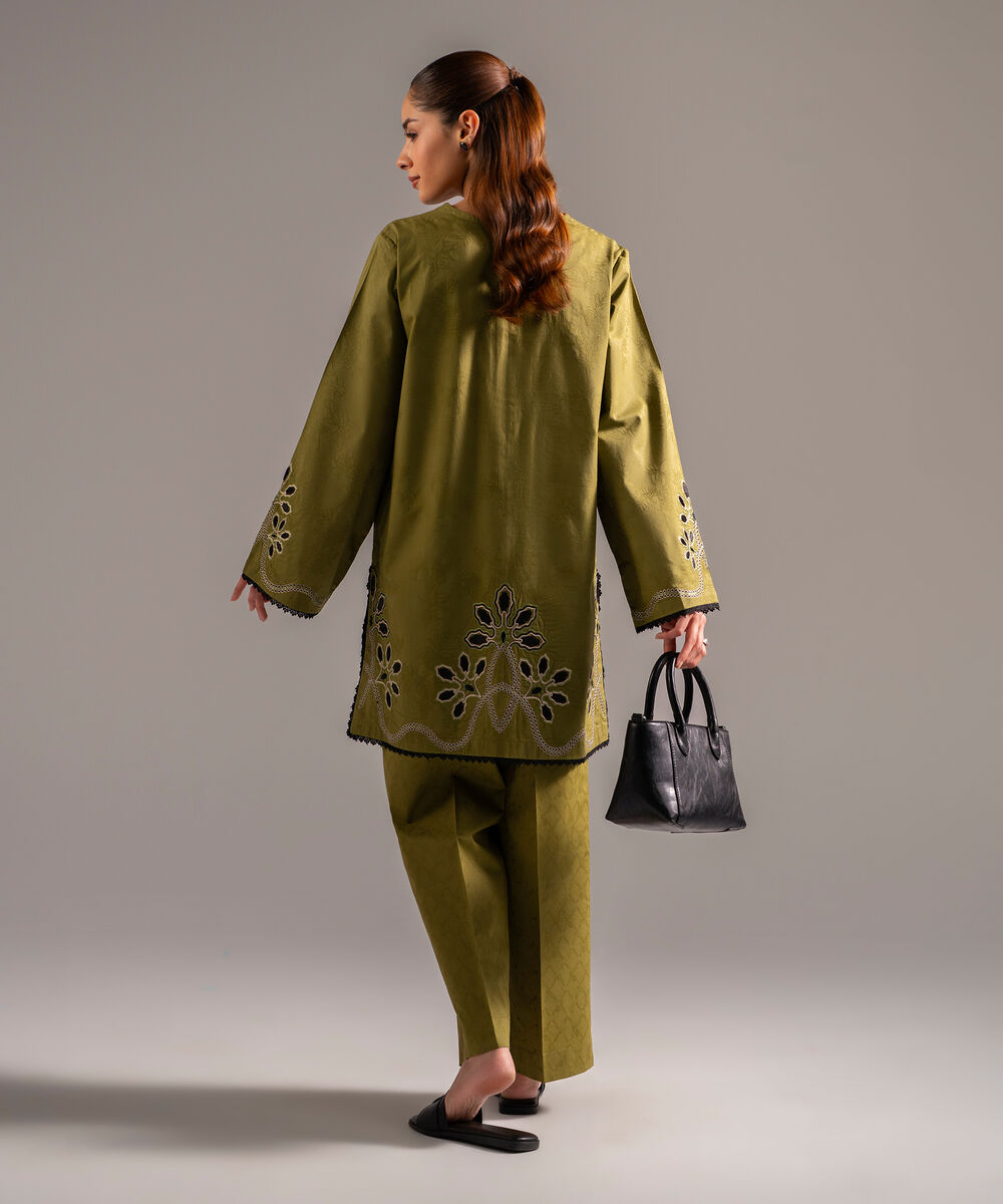 Women's RTW Self Jacquard Embroidered Olive Green 2 Piece Suit