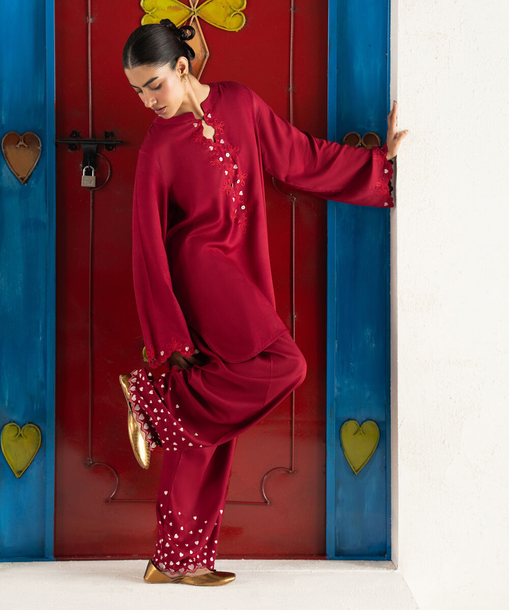 Women's RTW Bedford Solid Red Farshi Shalwar