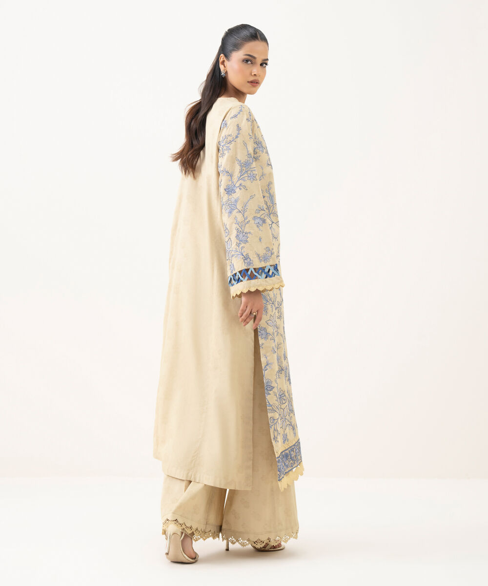 Women's RTW Cotton Jacquard Beige Embroidered A-Line Shirt