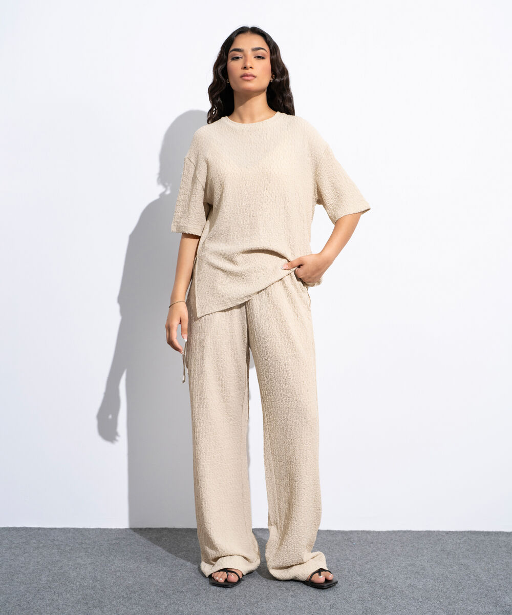 Women's Beige Pull-On  Textured Trousers With Tie Detail