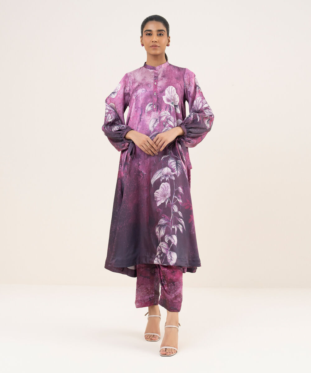 Women's RTW Blended Satin Purple Printed 2 Piece Suit