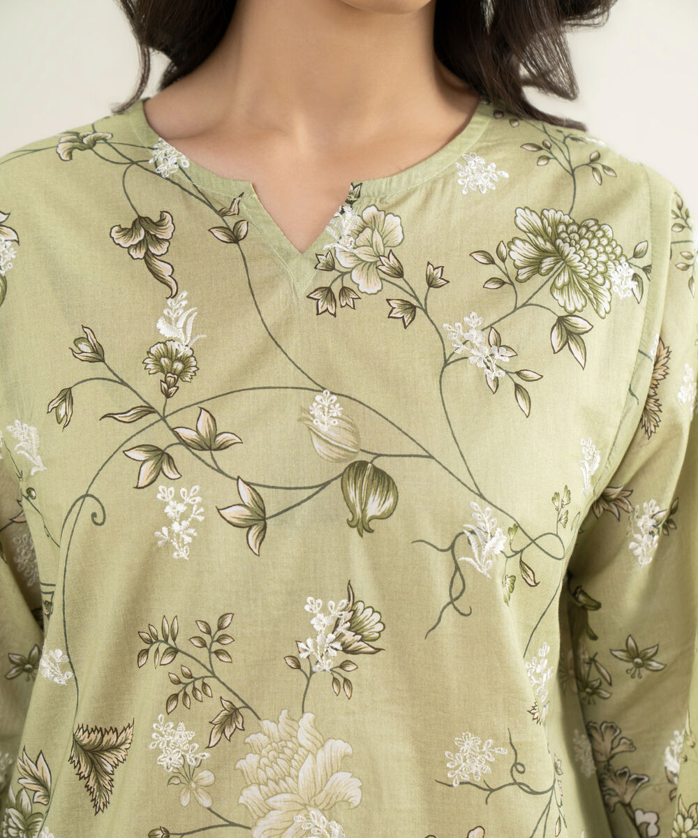 Women's RTW Lawn Embroidered Green Straight Shirt