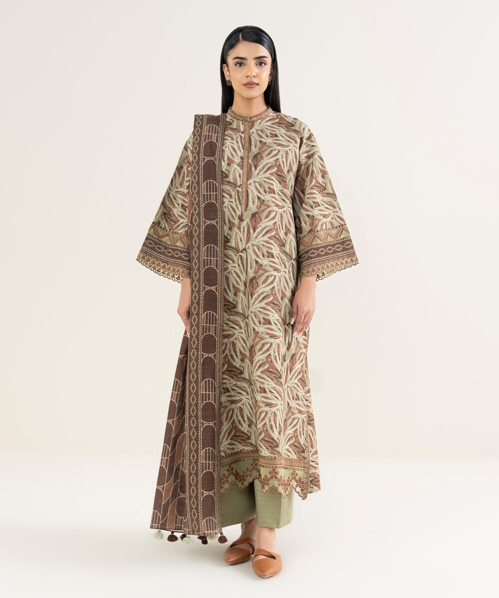 Women's Unstitched Printed Khaddar Brown and Beige 3 Piece Suit