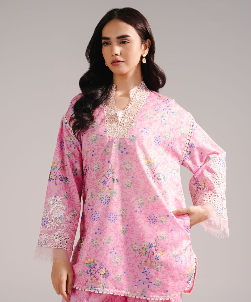 Women's RTW Lawn Embroidered Pink Straight Shirt