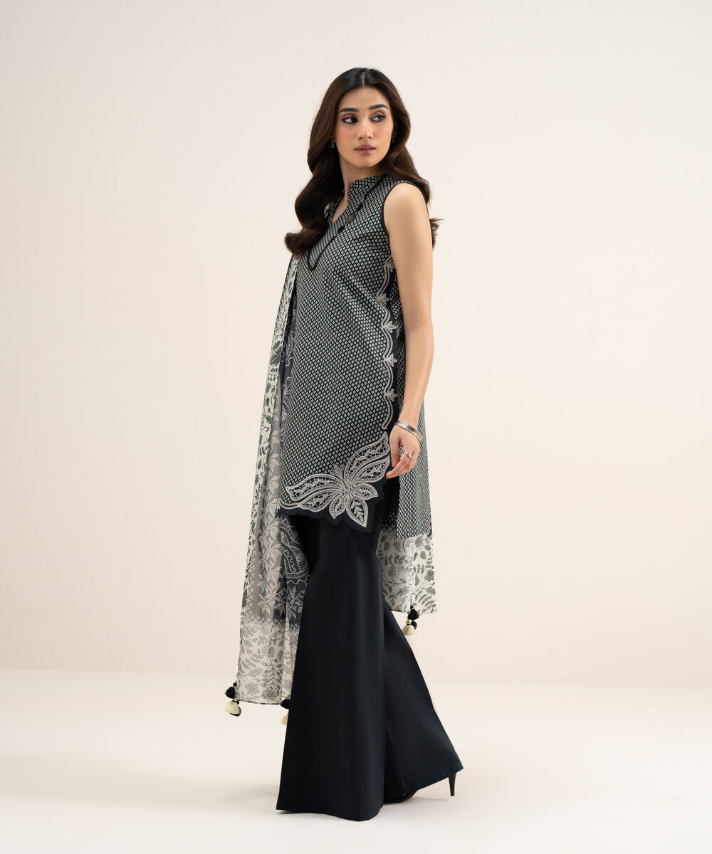 Women's Unstitched Lawn Embroidered Black and Off White 3 Piece Suit