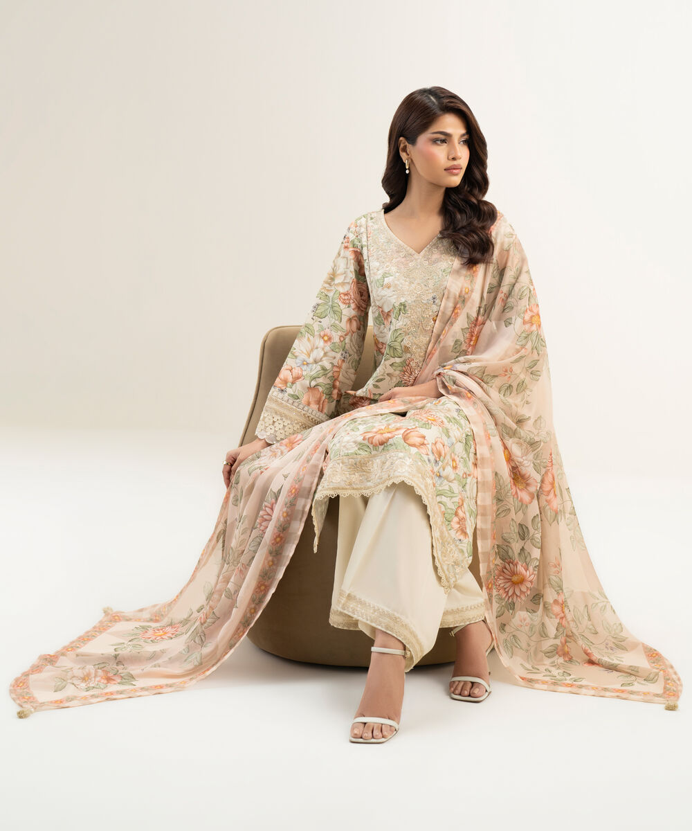 Women's RTW Lawn Embroidered Beige 3 Piece Suit