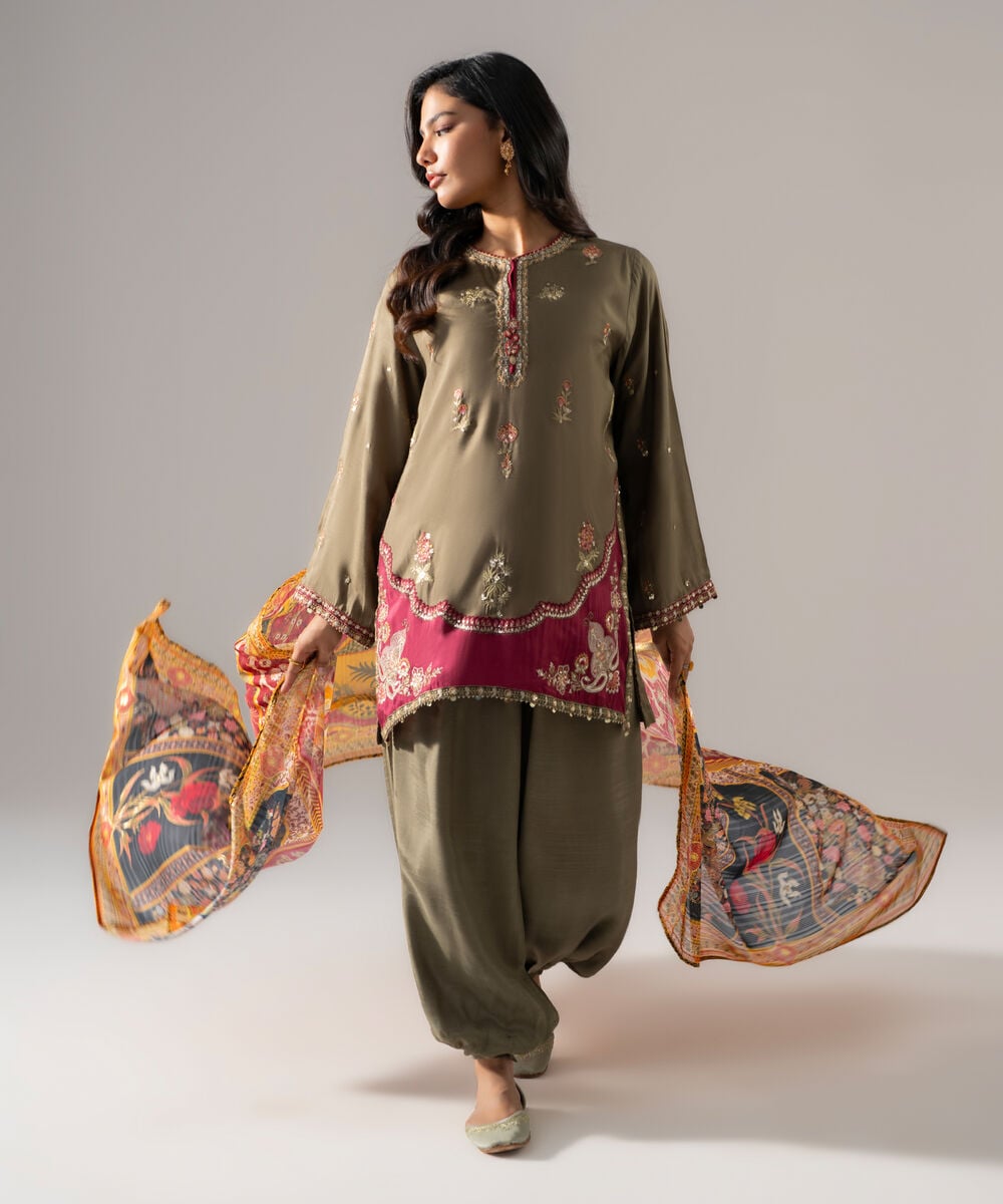 Women's RTW Bright Raw Silk Embroidered Green 3 Piece Suit