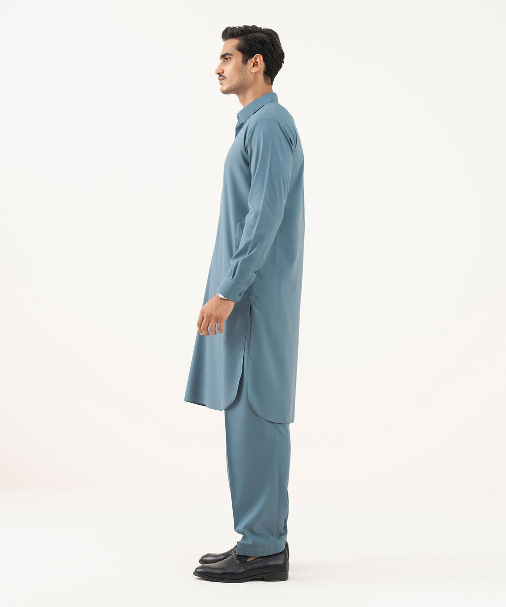 Men's Oxford Embroidered Blue Grey Kurta Shalwar