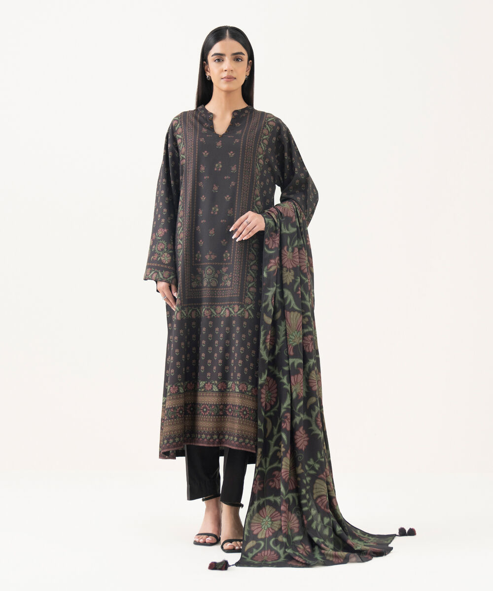 Women's Unstitched Linen Embroidered Brown 3 Piece Suit