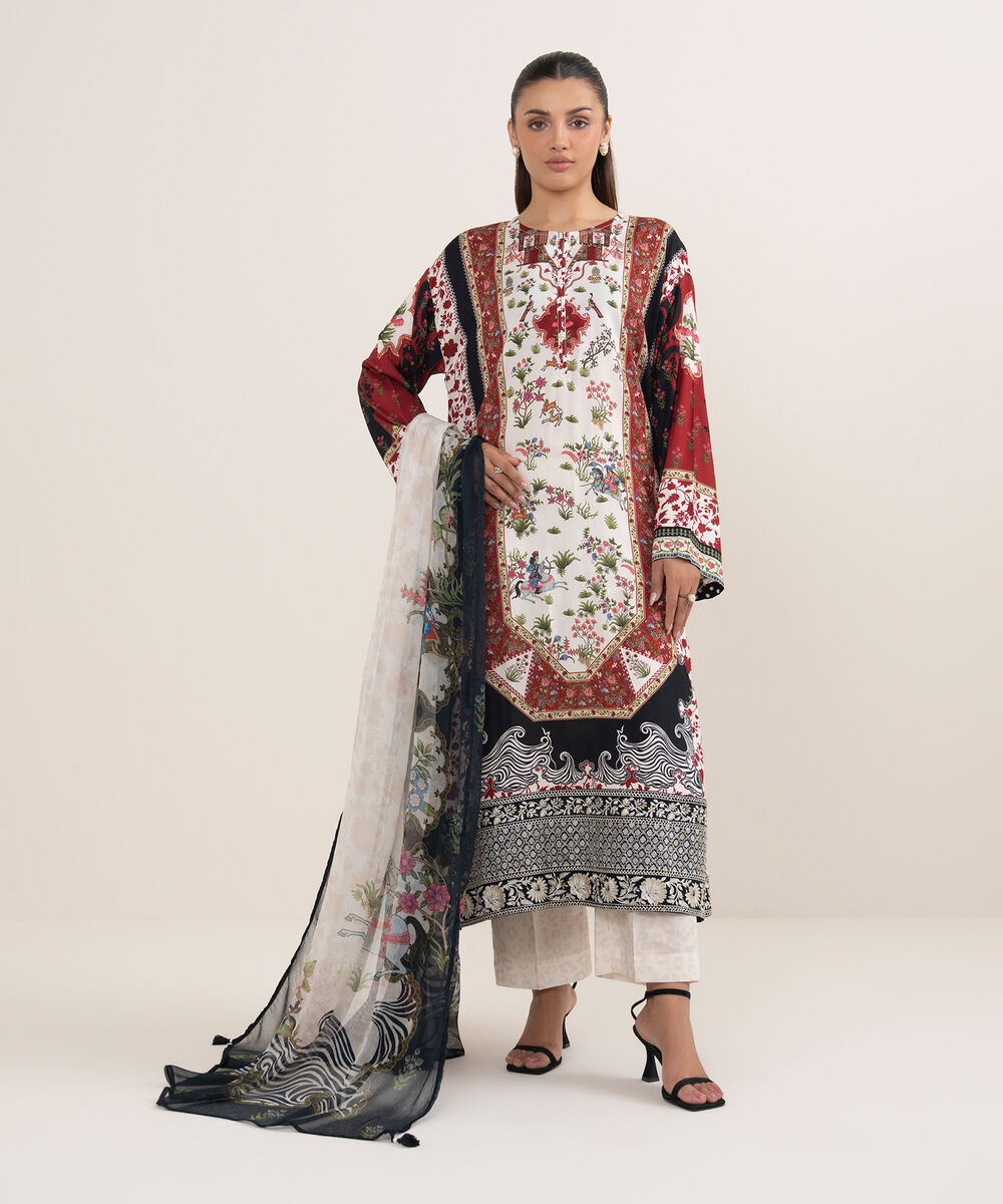 Women's RTW Arabic Lawn Maroon Printed Drop Shoulder Shirt